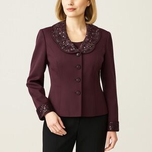 John Meyer of Norwich Blazer Women's 10 Purple Sequin Collar Cuff Evening Jacket